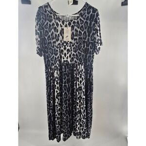 DB Moon Womens XL Leopard Print Short Sleeve Empire Waist Midi Dress Black White